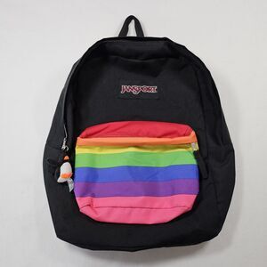 JanSport Rainbow Stripe High Stakes Backpack Black Aesthetic Y2K Core School Bag